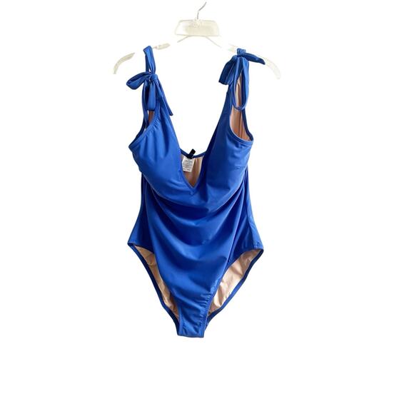 J. Crew One Peice Swimsuit NWT Tie Shoulders Brilliant Blue Size Large Plunge - Picture 1 of 8